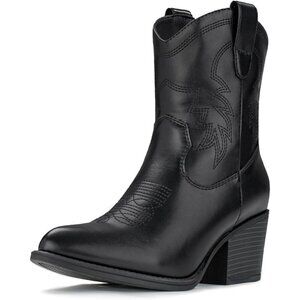 Western Boots Mid Calf Boots Short Chunky Classic Black Faux Leather For Women
